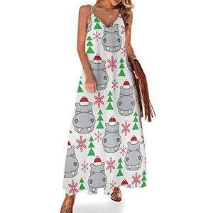 Kerst nijlpaarden met kerstmutsen dames sling maxi-jurken V-hals casual mouwloze verstelbare riem sexy lange jurk