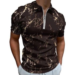 Bruin en Goud Marmer Poloshirt voor Mannen Casual Rits Kraag T-shirts Golf Tops Slim Fit