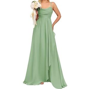 Prinses Bruidsmeisjes Jurken Spaghetti Bandjes Galajurken Chiffon Formele Avondfeest Maxi Jurk met Split ZM192, Sage Groen, 32