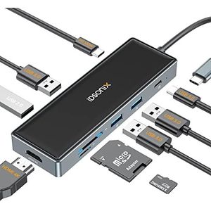 iDsonix 9-in-1 USB 3.0 hub met 4K HDMI, PD 100W, USB-C en 3 USB-A 3.0 5Gbps datapoort, TF/SD-kaartlezer, hub voor laptop, XPS, Type-C apparaten