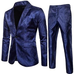KYOESCAI Herenpakken Klassieke pasvorm 2-delige set met één knoop, formele smoking, jasje, broek en set voor bruiloft, zakenfeest of gala,Marine,L
