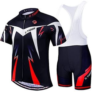 X-TIGER fietsshirt met korte mouwen voor heren met shorts/fietsbroek met bandjes, 5D-gel, gevoerde fietsbroek, korte wielerbroek (Rood/korte mouwen fietsshirt, L)
