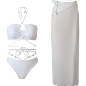 HFYRBDKSPI Crisscross Hollow Out Halterbadpak voor dames met cover-up wikkelrok 3-delige bikiniset,Wit,L