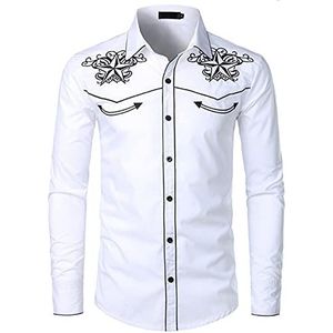 NW Mens stijlvolle westerse cowboy shirt geborduurd slim fit casual lange mouwen shirts heren bruiloft party shirt, Wit-01, M