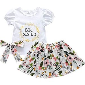 Kleine Grote Zus Bijpassende Outfits voor Baby Meisjes Wit Shirt Brief Print Romper Tops + Bloemen Rok + Hoofdband Kleding Set