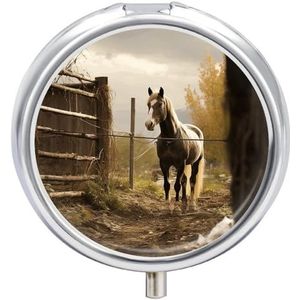 Omheining en paard pillendoosje 3 compartimenten reisgeneeskunde pillenorganisator 3x per dag draagbare vitamine-organizer met spiegel kleine pillendoos voor portemonnee en zak, schattige dagelijkse