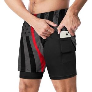 Retro Dunne Rode Lijn Brandweerman Vlag Grappige Zwembroek Met Compressie Liner & Pocket Voor Mannen Board Zwemmen Sport Shorts