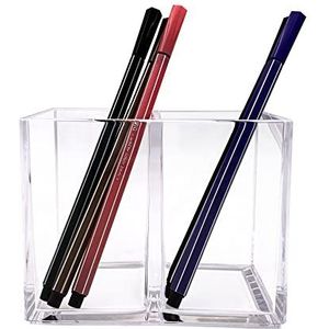 Generic Cosmetica-organizer, make-upborstelbeker, tafelaccessoires, pennenhouder met 2 vakken voor penseelstiften, acryl, transparant, geschikt voor het opbergen van schrijfwaren