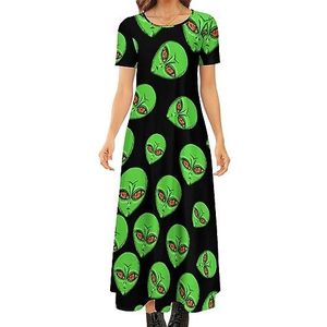 Green ET Alien dames zomer casual korte mouw maxi-jurk ronde hals bedrukte lange jurken 7XL