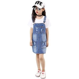 KIDSCOOL SPACE Jeans overall voor kleine meisjes, gescheurde verstelbare denim tuinbroek, blauw, 4-5 jaar