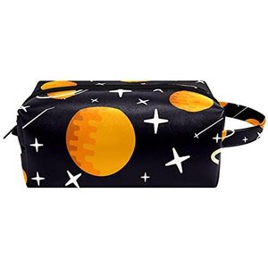 Cartoon Planets Sterren Meteor Patroon Lederen Cosmetische Pouch Tas met Handvat, Waterdichte Vierkante Toilettas Reistas, Kleine Potlood Case voor Dames Heren Meisjes Kids