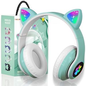 OHAANYY Draadloze Kinderhoofdtelefoon Met Ledlicht, Hoofdtelefoon Met Kattenoren, Voor Meisjes Opvouwbaar Bluetooth Hoofdtelefoon,Met Microfoon Voor Tv/Verjaardag/Kerstmis (Groente)
