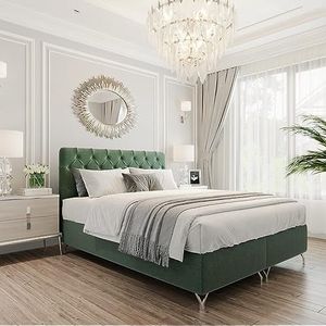 Boxspringbed GracePLUS 200x200 cm groen tweepersoonsbed met bonellmatras topper en bedkast glamour gestoffeerd bed met zilveren 12 cm poten modern slaapkamer vintage slaapkamerbed