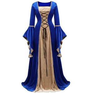 Dames Renaissance Ierse Deluxe Fluwelen Jurk Victoriaanse Middeleeuwse Lange Jurk Retro Fancy Gown Halloween Cosplay Kostuum Plus Size-blauw-L