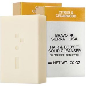 Bravo Sierra Body and Hair Mens Soap Bar, 2-Pack - All-In-One Shampoo & Zeep voor gezicht, haar & Lichaam - Citrus & Cederhout, 7 oz - Kokos, Shea Butter & Haver Meel voor Zachte Huid & Gezond Haar