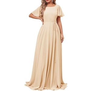 Damesjurken met korte mouwen, lange bruidsmeisjesjurk, chiffon, formele avondjurken met zakken, Champagne, 32
