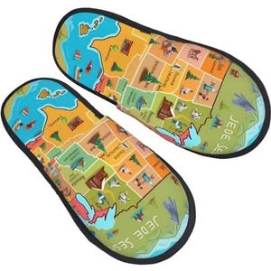 BONDIJ Cartoon Amerikaanse kaart print slippers zachte pluche huispantoffels warme instappers gezellige indoor outdoor slippers voor vrouwen, Zwart, one size