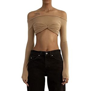 Dames sexy off-shoulder T-shirt, Y2k casual pure mesh T-shirt top effen trendy lange mouwen crop tops skinny rekbare T-shirts esthetisch (kleur: B camel, maat: S)