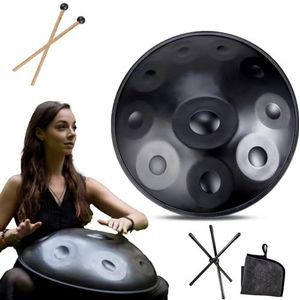 Handpan instrument - 432Hz/440Hz 9/10/ 12 Noten - 55cm Steel Tongue Drum - Hand Pan Drum met Drumhouder voor Klankgenezing (Size : 432Hz, Color : BLACK_10 NOTES)