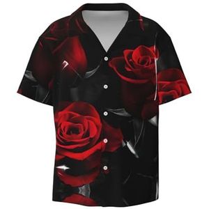OdDdot Rood Rose1 Print Heren Jurk Shirts Atletische Slim Fit Korte Mouw Casual Business Button Down Shirt, Zwart, 4XL