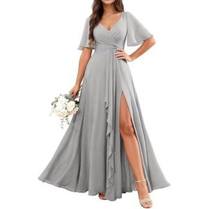 KURFACE Chiffon bruidsmeisjesjurken met mouwen split ruches lange bruidsmeisje formele avondjurk, Zilver, 32