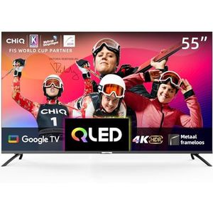 CHIQ U55QM8G 55 inch Smart TV, QLED UHD met HDR, frameloos metalen design, Google TV, Dolby Audio, Triple-Tuner, 2,4G/5G WLAN, Google Assistant, HDMI 2.1, USB2.0, model 2023 zwart