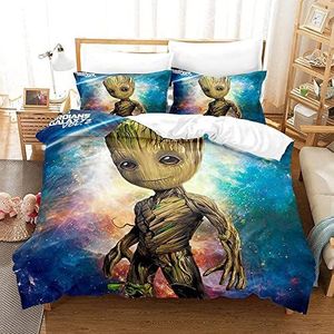 ESAAH Guardians of The Galaxy Groot beddengoedset, 3D-Baummann groot dekbedovertrek en kussensloop, microvezel, kinderbeddengoed (A7, 135 x 200 cm + 75 x 50 cm x 1)