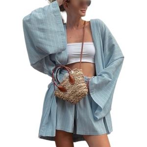 LoprNsdgt Womens Katoen 2-Delige Outfits Gestreepte Lange Mouw Veter Shirt Bijpassende Shorts Sets,Blauw,L