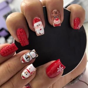 Vierkante kunstnagels kort, 24 stuks wijnrode nepnagels, bordeauxrood, glanzende effen kleur Franse nageltips met nagellijm voor vrouwen meisjes (wijnrood) kerst eland sneeuwpop sneeuwvlok