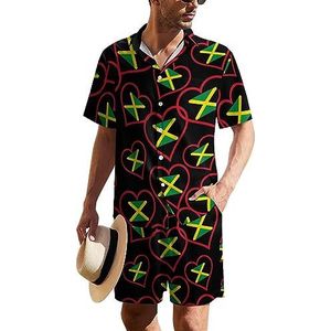 I Love Jamaica Red Heart Hawaïaans pak voor heren, 2-delige strandoutfit, shirt en korte broek, bijpassende set