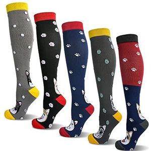 LEOSTEP 5 paar compressiekousen voor dames en heren, kleurrijke compressiesokken met 15-25 mmHg steunkousen voor sport, geneeskunde, hardlopen, reizen, vlucht, zwangerschap, verpleegkundigen, Animal Heads, S/M