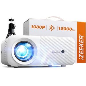 VideoProjector Bluetooth, 12000 lumen 1080P Projector, iZEEKER Draagbare Mini-Projector Thuisbioscoop voor iOS Android PC PS5 HDMI USB Firestick (Met Statief)