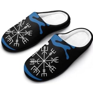 Viking Vegvisir Winter Pluche Katoenen Pantoffels, 3D Print Noorse Mythe Kompas Bont Huis Pantoffels, Gezellige Warme Slaapkamer Schoenen(Color:Black H,Size:44EU-45EU)