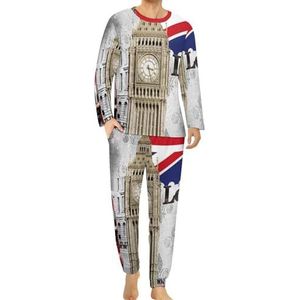 Londen Big Ben UK Britse vlag heren pyjama set lounge wear lange mouwen top en broekje 2-delige nachtkleding