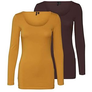 VERO MODA Damesshirt met lange mouwen, verpakking van 2 stuks, Geel/bruin (1x Chai Thee/1x Coffee Bean), XL