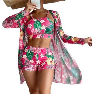 oenyaeu 3-delige badpakken voor vrouwen zomer strand bloemenprint halter bikini set met kimono cover up, roze, XL