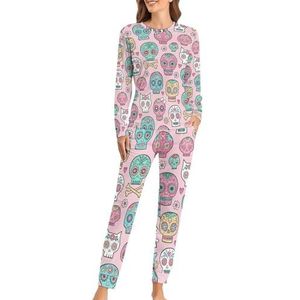 Sugar Skulls On Pink Soft Damespyjama met lange mouwen, warme pasvorm, loungewear sets met zakken, XS