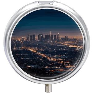 Ronde draagbare pillendispenser prachtig Los Angeles Skyline Gedrukt Travel Medicatie Organizer 3 Compartiment Geneeskunde Opbergdoos met Spiegel