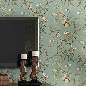 KAIRRY Vintage behang, muur vintage bloem boom vogel behang slaapkamer woonkamer keuken achtergrond niet-geweven behang, 0,53 m * 10 m (kleur: lichtblauw)