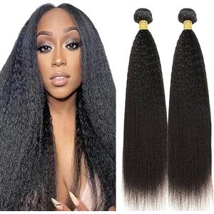Lakaisa Yaki Straight Human Hair Bundles Sew in Hair Natural Black Real Hair Extensions 2 Bundles 100% Unprocessed Brazilian Virgin Hair No Smell for Woman 32 32 Inch