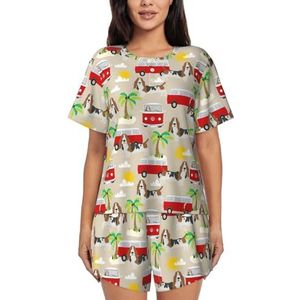 YQxwJL Basset Hound Hond Zomer Bus Palmbomen Print Vrouwen Pyjama Sets Shorts Korte Mouw Lounge Sets Nachtkleding Casual Pjs Met Zakken, Zwart, XXL