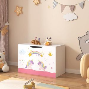 [en.casa] Doos voor speelgoed Oleiros met scharnierend deksel, opbergdoos voor kinderkamer boeken speelgoed 40x60x30 cm kinderkamerdoos met eenhoornmotief wit lila en roze