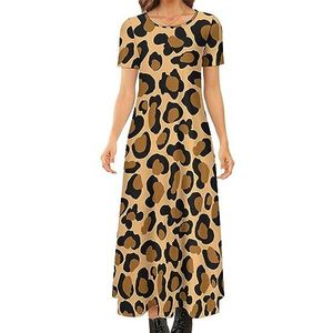 Luipaard Cheetah Wild Cat Spots Patroon Vrouwen Zomer Casual Korte Mouw Maxi Jurk Ronde Hals Gedrukt Lange Jurken 2XS