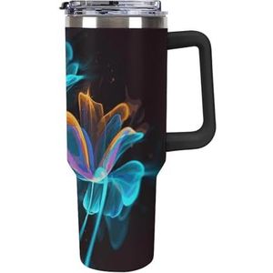 STVNKML 40 oz beker met handvat neon bloemen roestvrij stalen koffiemok herbruikbare reismok lekvrije geïsoleerde autobeker grote capaciteit beker voor reizen, buiten, thuisgebruik (zwart)