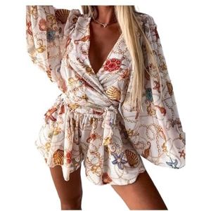 BANGHA Jumpsuits Voor Vrouwen Zomer Casual Vrouwen Sexy Mode Vrije Tijd Woon-werkverkeer Vakantie Stijl Veelzijdige Platteland Stijl Plant Bloem Print V-hals Jumpsuit, Abrikoos Kleur, XL