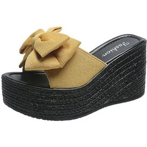 Elegante Pantoffels Met Strik Dames 9 Cm Sleehak Pantoffels 2024 Zomer Nieuwe Platform Pantoffels Peep Toe Slippers Vrije Tijd Strandsandalen (Color : Yellow, Size : 42 EU)