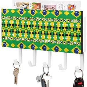 Braziliaanse Vlag Voetbal Sleutelhouder voor Muur Sleutelhangers Organizer Wandmontage Sleutelrek met 5 Haken
