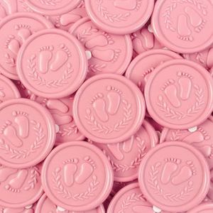 JAGERGREEN 48 Stuks Babyshower Zelfklevende Lakzegels met Voetafdruk Patroon, Roze Lakzegel Stickers voor Babyfeestje Decoratie Meisje, Wax Seal Stickers voor Gender Reveal, Uitnodiging, Enveloppen