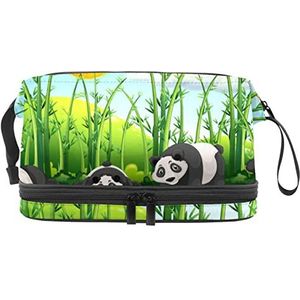 Grote capaciteit reizen cosmetische tas,Vier Panda's in het groene bamboe veld,Make-up tas,Waterdichte make-up tas organisator, Meerkleurig, 27x15x14 cm/10.6x5.9x5.5 in