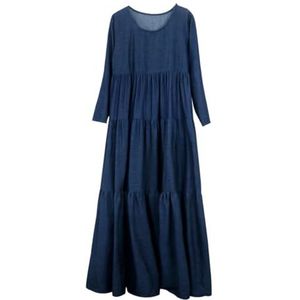 Losse A-lijn denim jurken vrouwen lange maxi vintage Chinese stijl jeans volledige mouw O-hals jurken, Blauw, Eén Maat
